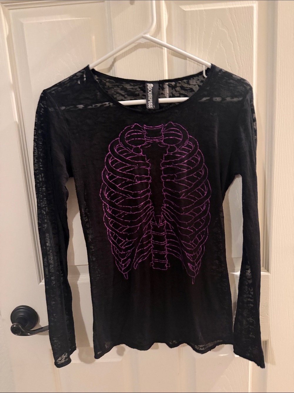 Y2K Vintage Sourpuss Black Long Sleeve Top with Purple Ribcage Print